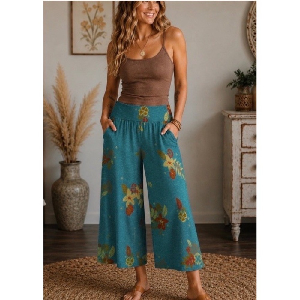 Toad & Co Chaka Wide Leg Pants Hawaiian Floral Teal Organic Cotton Tencel Size L